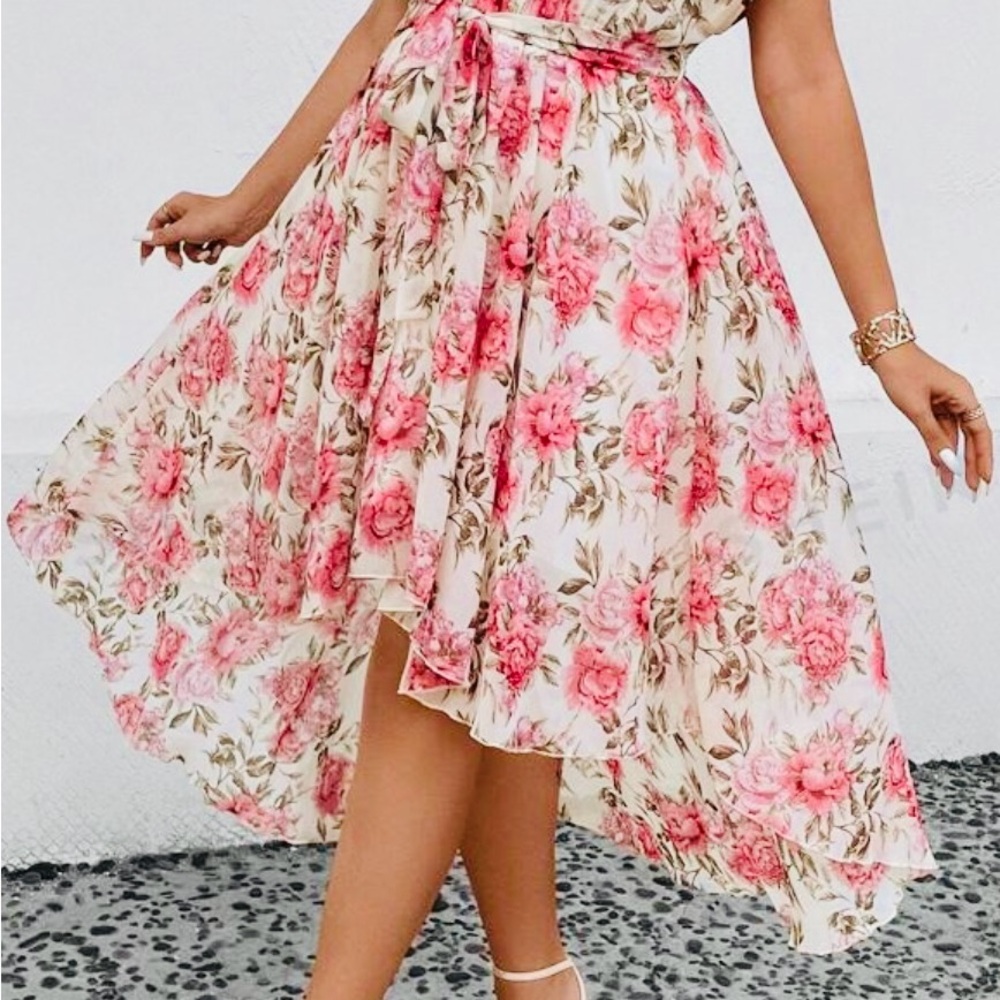 SHEIN DreamScene Plus Floral Print Batwing Sleeve Belted Dress - Picture 4 of 4